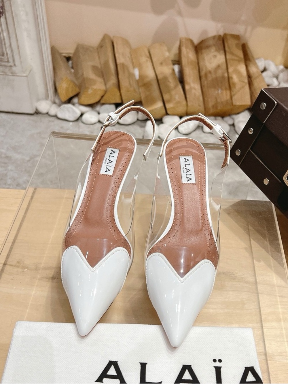 Alaia White Pointed PVC-Panel Slingback Pumps